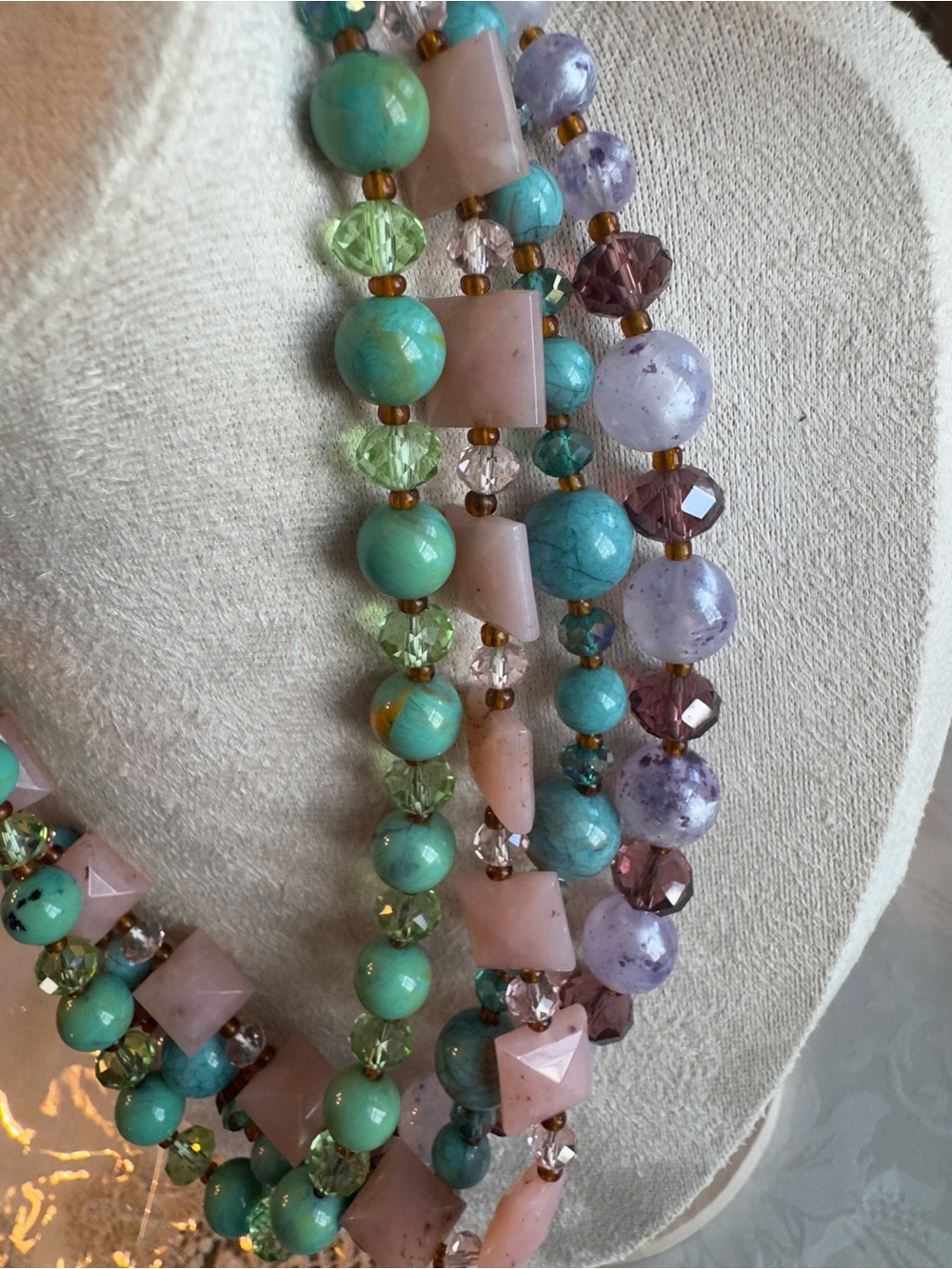 Pastel Multi-Strand Beaded Necklace in Pink, Green & Lavender - Picture 6 of 7